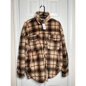 NEW PACSUN Womens Plaid Fuzzy Fury Cosy Jacket Shacket Size XS/S Brown